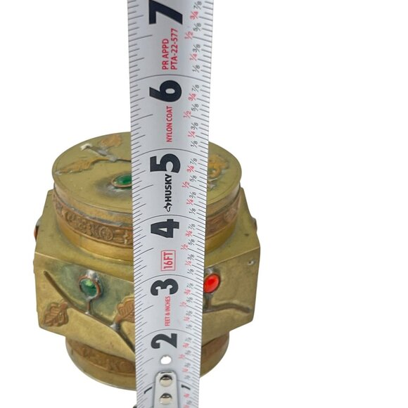 Vintage Chinese Brass Trinket Box With Enamel Inlays Decorative Lid Snuff - Picture 5 of 13